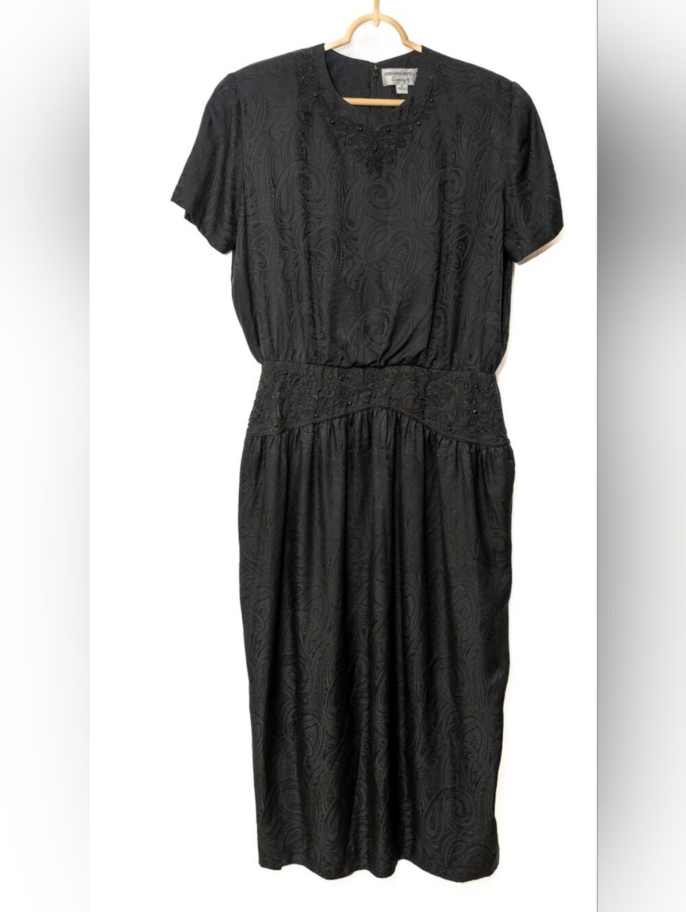 Vintage Adrianna Papell Silk Midi Dress Embroidered Beaded Waist/Neck Sz 14 - Picture 2 of 6